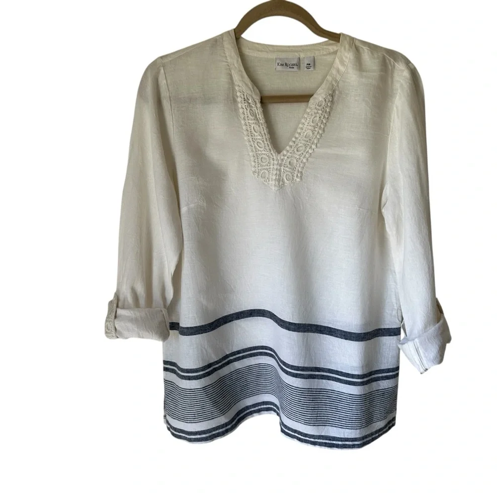 Kim Rogers Women’s Roll Tab Linen Blend Adjustable Sleeve V-Neck Beachy Top PM - Picture 5 of 8